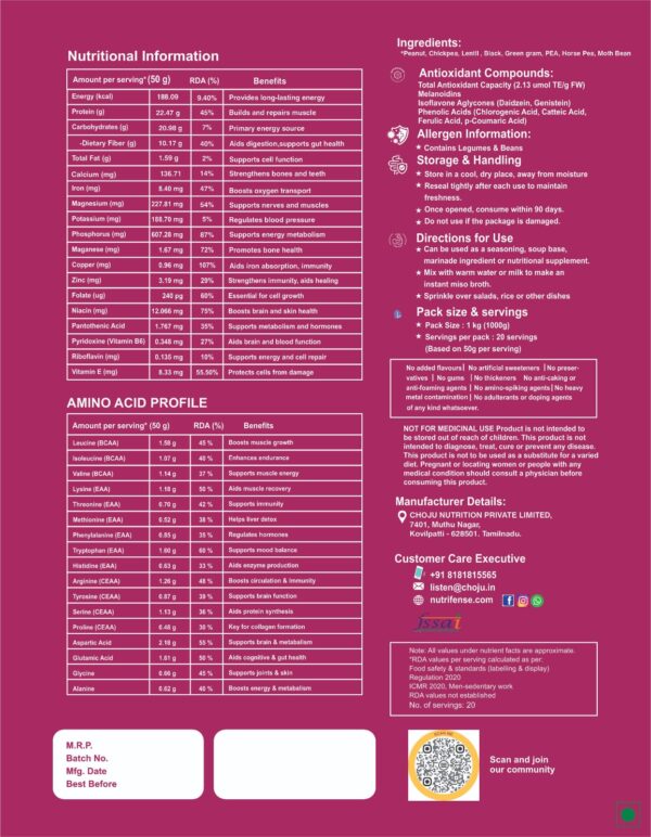 Back label of MISO Powder pack showing detailed nutritional facts, amino acid profile, ingredients, antioxidant compounds, usage instructions, and product handling guidelines.