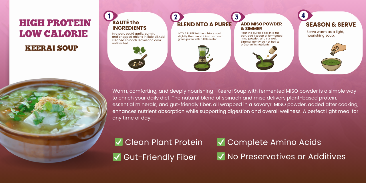 Warm vegetable soup infused with MISO powder for gut-friendly comfort