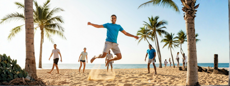 A diverse group of happy young adults enjoying a sunny day on a beach lined with palm trees. In the center, a man in a blue shirt is captured mid-air, jumping enthusiastically with a wide smile, representing full mobility, freedom from pain, and an active lifestyle.