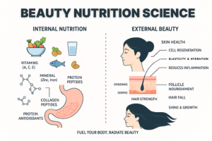 A scientific illustration titled BEAUTY NUTRITION SCIENCE split into two columns. The left column, INTERNAL NUTRITION, shows food icons (vitamins, fish, nuts) and chemical structures, illustrating how nutrients like Collagen Peptides and Protein Antioxidants are processed in the stomach. The right column, EXTERNAL BEAUTY, shows a cross-section of skin and hair, with lines indicating how internal nutrition supports Skin Health, Cell Regeneration, Elasticity & Hydration, Reduces Inflammation, Follicle Nourishment, Hair Strength, and Shine & Growth.