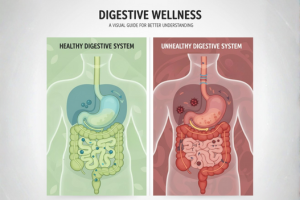Diagram comparing healthy vs unhealthy digestive system for better gut health awareness
