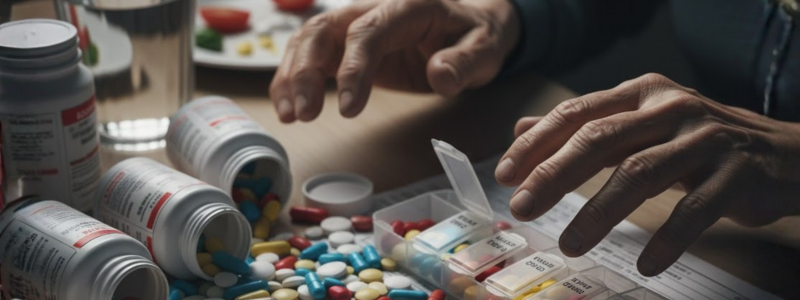 A close-up of a person's hands near a messy array of medication on a table. Several white pill bottles are overturned, spilling various colorful pills next to an open pill organizer and a medical form. This scene suggests chronic health issues and the overwhelming dependency on multiple daily medications.