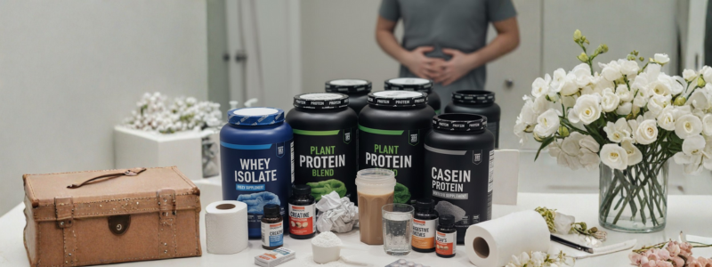 A man stands in the background, holding his stomach in discomfort, while a table in the foreground is filled with various protein powders and supplements. The products include large containers labeled WHEY ISOLATE PLANT PROTEIN BLEND PLANT PROTEIN and CASEIN PROTEIN. A shaker bottle with a drink, several small dropper bottles, a tissue roll, and a bouquet of white flowers are also visible on the table. The overall scene suggests a comparison between different types of protein supplements and potential digestive issues.