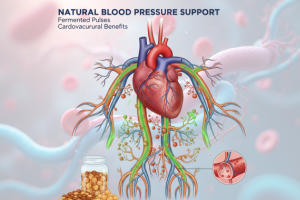A scientific diagram illustrating the human heart and surrounding circulatory system with an overlaid concept of natural blood pressure support. The image features a jar of fermented pulses and highlights a pathway (in green) extending from the jar into the arteries and veins around the heart, with a magnified inset showing healthy blood flow, visually linking fermented pulses to cardiovascular benefits.