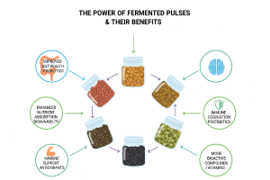 Various fermented pulses (peanuts, chickpeas, lentils) highlighting their health benefits