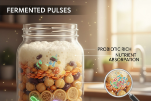 A scientific diagram titled Optimal Digestive Function: The Healthy Gut Ecosystem. It shows a cross-section of the intestinal wall lining and a dense layer of colorful, rod-shaped and spherical bacteria (the Healthy Gut Microbiome). Callouts point to key functions: Nutrient Absorption and Production of Short-Chain Fatty Acids (SCFAs).