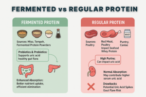 A comparison infographic titled FERMENTED vs REGULAR PROTEIN. The green side, FERMENTED PROTEIN, lists sources like Miso and Tempeh and highlights benefits such as Prebiotics & Probiotics, Enhanced Absorption, and support for healthy uric acid/gut flora. The red side, REGULAR PROTEIN, lists sources like Red Meat, Poultry, and Whey Protein, and highlights the drawbacks of High Purine content, Normal Absorption leading to higher serum uric acid, and the potential for Uric Acid Spikes/Gout Flare Risk.
