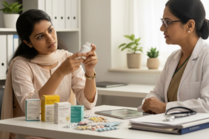 Woman looking tired and overwhelmed by medical treatments