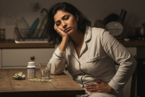 A tired and frustrated woman in pajamas sits alone at a wooden table in a dimly lit kitchen, holding her hand to her abdomen in discomfort. On the table next to her, a pill bottle, a glass of water, and some crumpled empty pill packets are visible, suggesting chronic digestive issues and medication fatigue.