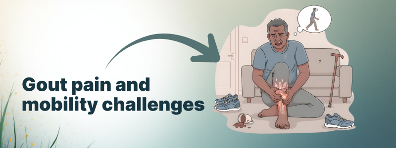 An illustration titled Gout pain and mobility challenges showing an older man sitting on the floor in discomfort, clutching his visibly swollen and painful ankle or foot due, presumably, to a gout flare-up. He is looking upset, and a thought bubble above his head shows a small, active version of himself walking easily, highlighting his current mobility struggles.
