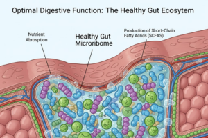 A scientific diagram titled Optimal Digestive Function: The Healthy Gut Ecosystem. It shows a cross-section of the intestinal wall lining and a dense layer of colorful, rod-shaped and spherical bacteria (the Healthy Gut Microbiome). Callouts point to key functions: Nutrient Absorption and Production of Short-Chain Fatty Acids (SCFAs).
