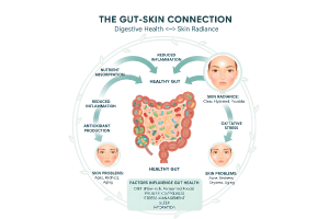 A scientific diagram titled  THE GUT-SKIN CONNECTION: Digestive Health <-> Skin Radiance. The central image shows a cross-section of the intestine filled with microbes (the Gut). Arrows illustrate a circular relationship: a Healthy Gut leads to Reduced Inflammation and Nutrient Absorption, resulting in Skin Radiance (Clear, Hydrated, Youthful Skin). Conversely, Skin Problems (Acne, Eczema, Aging) are linked to a dysfunctional gut, creating a cycle of Oxidative Stress and Reduced Inflammation. Factors influencing gut health (Diet, Stress, Sleep, Hydration) are also listed.