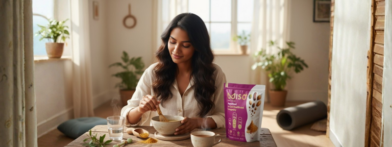 A smiling woman with long dark hair sits at a wooden table in a sunlit room, stirring a light-colored mixture in a bowl, incorporating MISO powder into her routine. A large pink and white pouch of MISO powder, a glass of water, and a cup of tea are on the table, with a yoga mat visible in the background, suggesting a commitment to a natural daily wellness routine.