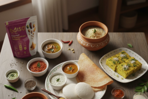 A top-down shot of a table set with a variety of Indian dishes, including soft white Idlis, a crispy Dosa, a plate of Dhokla sprinkled with coconut, and several small bowls of Sambar, chutney (green, white, and red), and other curries. An open pink and white pouch of MISO powder is prominently displayed on the left side of the table, emphasizing the product's use with traditional Indian meals.