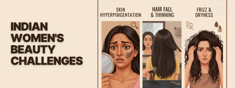 An illustration titled INDIAN WOMEN'S BEAUTY CHALLENGES  divided into three panels showing common concerns: 1. SKIN HYPERPIGMENTATION (a woman looking distraught in a mirror with dark spots on her face). 2. HAIR FALL & THINNING (a woman looking worried at her reflection while shedding hair into a comb). 3. FRIZZ & DRYNESS (a woman holding her thick, frizzy, and dry hair in frustration)