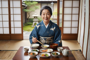 Healthy Japanese elderly person enjoying traditional fermented meal for better gut health and longevity