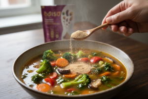 A close-up of a hand sprinkling a spoonful of brown powder (MISO powder) over a steaming, colorful bowl of vegetable soup containing broccoli, carrots, and mushrooms. The pouch of MISO powder is visible in the slightly blurred background near a window, emphasizing its use as a savory addition to nutritious meals.