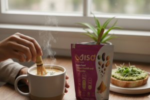 A close-up of a person using a bamboo whisk to stir MISO powder into a steaming hot drink in a white mug. A large pink and white pouch of MISO powder stands prominently next to the mug, and a slice of avocado toast sits on a small white plate nearby, all positioned on a wooden table near a bright window.