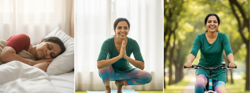 A three-panel image demonstrating a vibrant and healthy lifestyle. The left panel shows a woman sleeping peacefully in bed. The center panel shows the same woman smiling while performing a yoga squat pose with hands in prayer position. The right panel shows her happily cycling outdoors on a sunny, tree-lined path, suggesting improved energy and well-being.