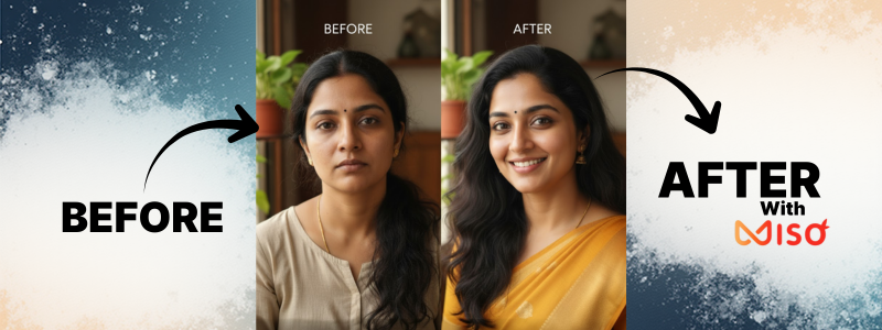 A BEFORE AND AFTER visual comparison showing a woman's transformation. The BEFORE image shows the woman looking tired with dull skin. The AFTER with MISO image shows her with glowing skin and a vibrant smile, wearing a bright yellow saree, suggesting a dramatic improvement in skin health and overall vitality.