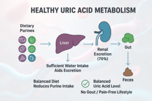 A scientific diagram titled HEALTHY URIC ACID METABOLISM. The flow chart illustrates the process where Dietary Purines are processed by the Liver, then primarily eliminated through Renal Excretion (70%) via the Kidneys and partially through the Gut via Feces. The diagram emphasizes key factors like Sufficient Water Intake and a Balanced Diet, leading to a Balanced Uric Acid Level and a No Gout  Pain-Free Lifestyle.