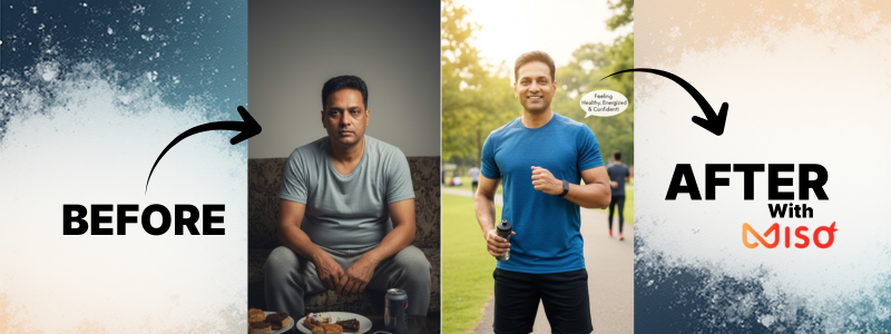 Devendra's diabetes management success story showing before and after transformation with improved energy, health, and confidence using MISO powder