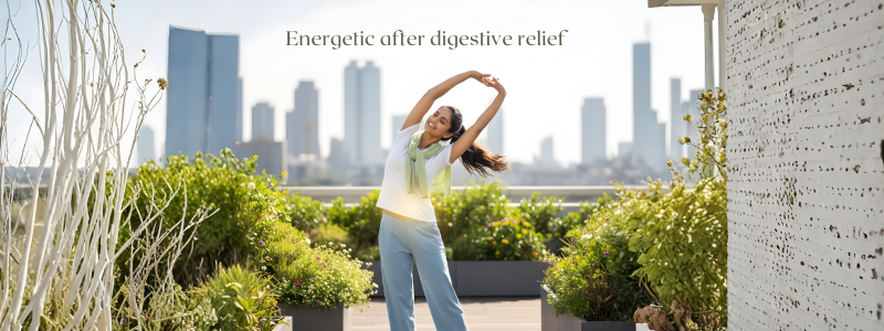 Person enjoying digestive relief and improved gut health with MISO powder