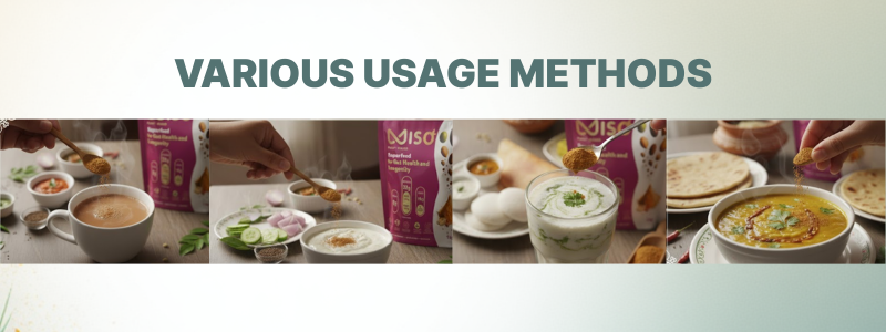 A horizontal banner titled VARIOUS USAGE METHODS showing a five-panel collage of hands sprinkling MISO powder into different Indian foods and drinks, demonstrating versatility. The scenes include MISO powder being added to a cup of hot tea/coffee, a bowl of seasoned curd/raita, another bowl of raita with Indian sides, a glass of buttermilk/lassi, and a bowl of dal with roti/chapati.