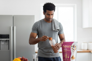 A fit, dark-haired man in gym attire (grey t-shirt and a towel over his shoulder) stands in a brightly lit kitchen, scooping MISO powder into a shaker bottle. The large pink and black pouch of MISO powder is clearly visible in the foreground next to a glass of water and fresh fruit, suggesting post-workout use and recovery.