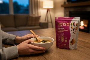 Evening wellness habit of drinking MISO powder with warm water before dinner for better digestion and restful sleep