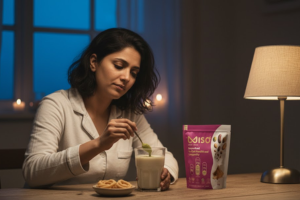 A woman in pajamas sits at a wooden table in a dimly lit setting with soft candlelight, stirring a light-colored drink (likely milk or a shake) in a glass. A pouch of MISO powder is visible next to the glass, suggesting nighttime consumption for digestive health or sleep support. A small plate of murukku or chakli is also on the table.