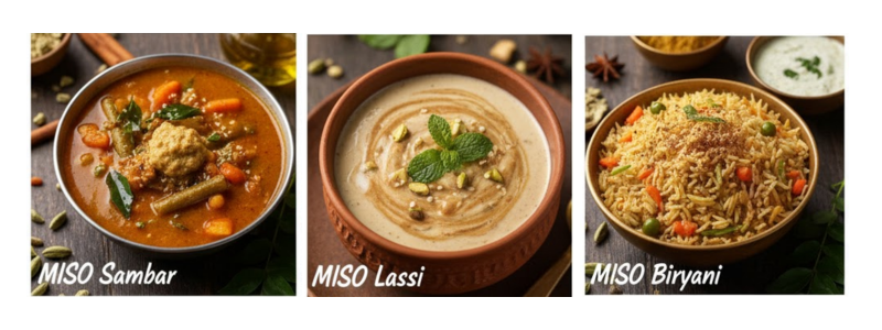 Collage showing MISO powder being used in different Indian beverages and foods