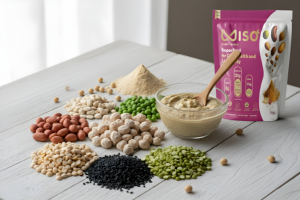 An assortment of colorful, unfermented and fermented pulses (beans, peas, chickpeas, peanuts, and lentils) spread in small piles on a white wooden table. A bowl of thick, light-brown MISO paste or a dip made from the pulses is centrally placed, along with the pink and white pouch of MISO powder, demonstrating the natural ingredients used in the product.