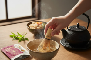 Peaceful morning routine showing MISO powder mixed with warm water before breakfast to support digestion and gut health