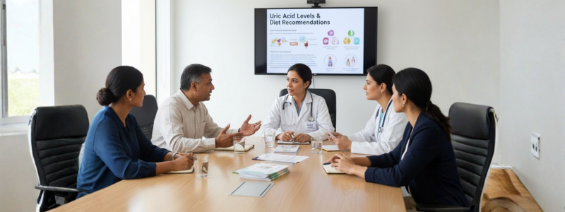 A diverse group of five people, including two individuals in white lab coats (likely healthcare providers) and three patients/colleagues, sit around a conference table in a bright modern office. They are engaged in a discussion or consultation, with a screen in the background displaying a presentation titled Uric Acid Levels & Diet Recommendations.