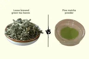  Side-by-side comparison — loose brewed green tea leaves vs. fine matcha powder