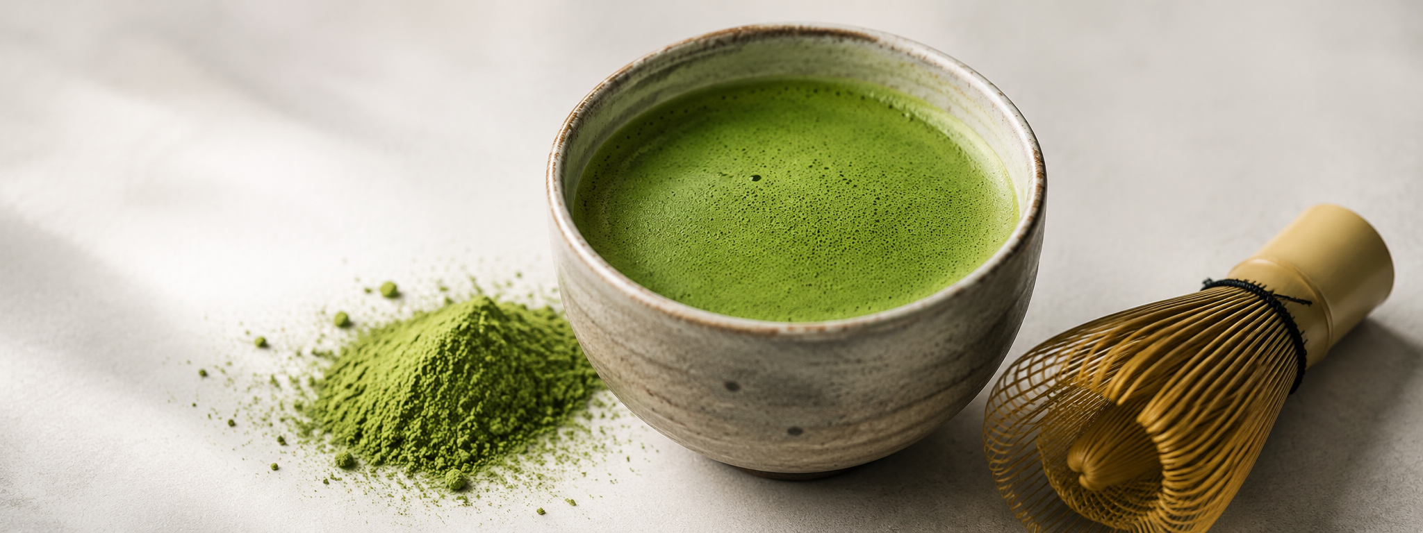 Whisked matcha in a chawan bowl with chasen whisk, vivid green powder beside it